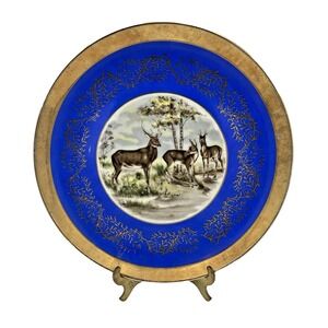 Vintage Bavaria Germany Gilt Cabinet Plate Blue & Gold w/Deer 10.5"